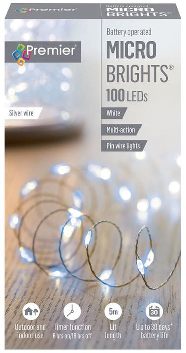 Timelights 100 LED Pin Wire Lights, Multi-Action, White, 5m