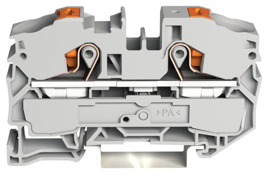 2 Conductor Through Terminal Block with Push Button and Test Port, 800V, 76A, 20AWG to 6AWG, Grey