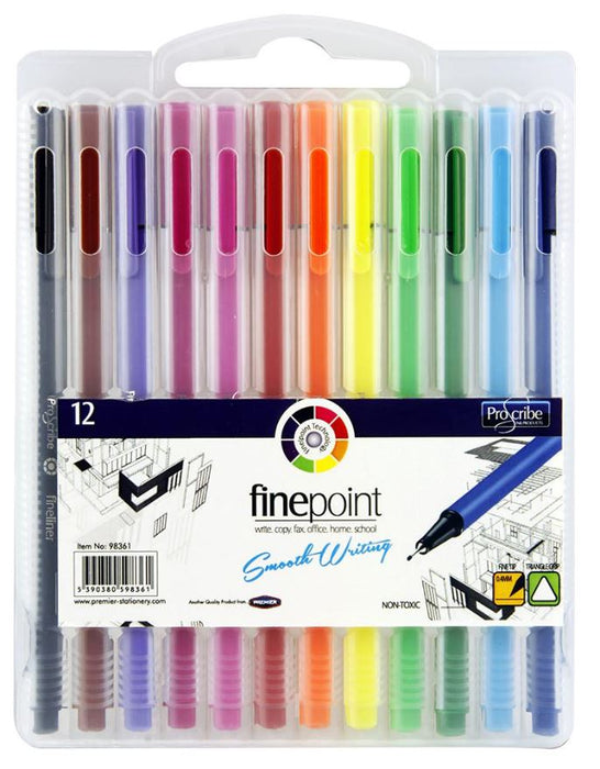 Finepoint Felt Tip Pens, 12 Pack Assorted Colours