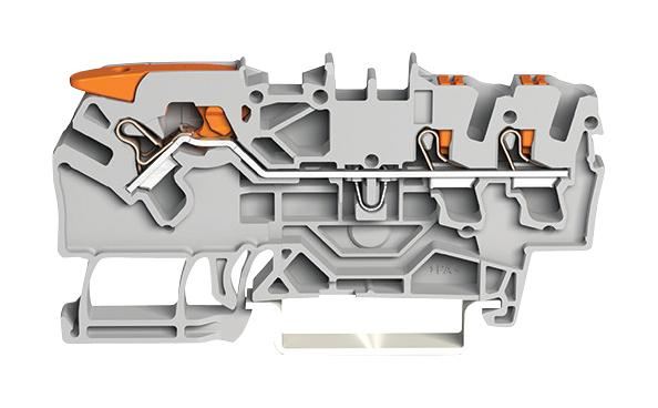 3 Conductor Through Terminal Block Lever, Push Button Cage Clamp, 800V, 24A, 22AWG to 12AWG, Grey