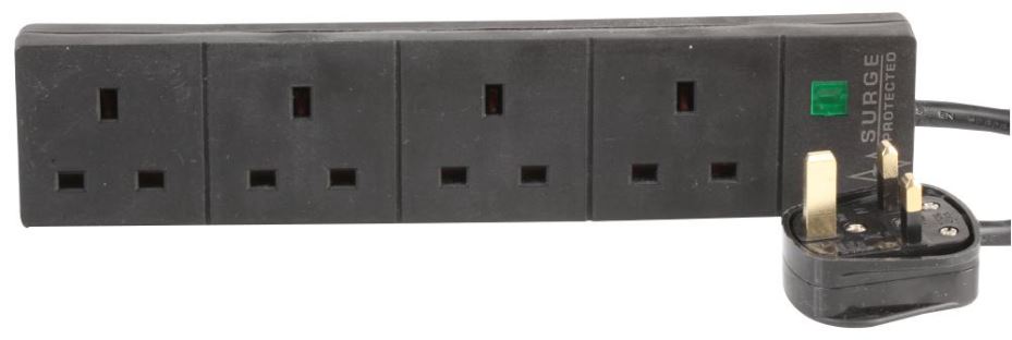 Mains Extension Lead, 4 Gang, Surge Protected, Black, 4m Lead