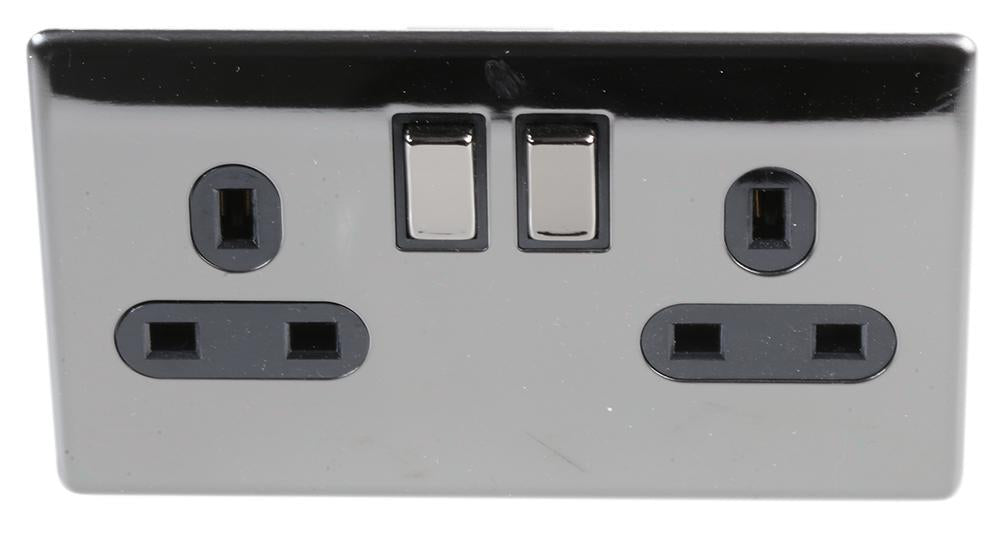 Screwless Switched Mains Socket, Double Pole, 13A, Black Nickel