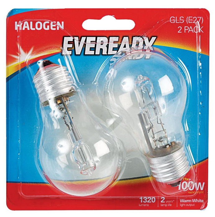 77W ECO Halogen GLS Lamp, E27, 1320lm, 2700K, Pack of 2