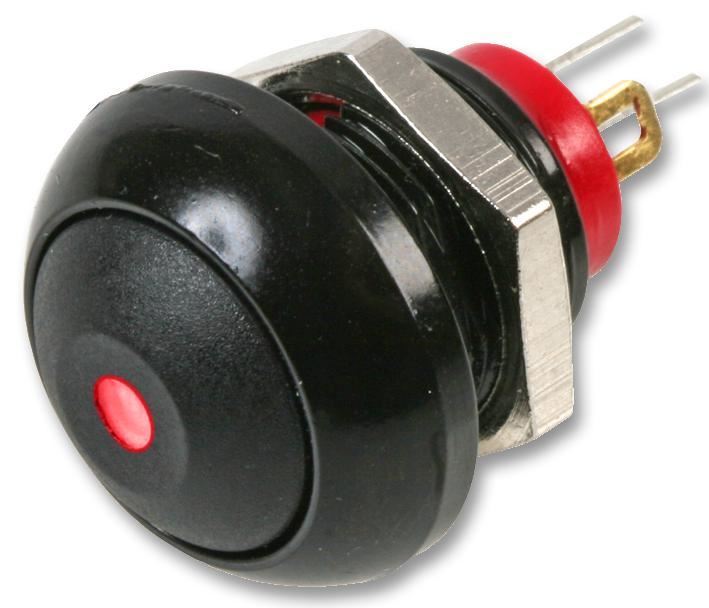 Switch, Pushbutton, IP67, Momentary, Black, Round, Red LED