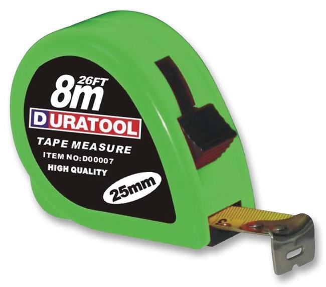 DURATOOL - 8m x 25mm Tape Measure, Green Plastic Housing