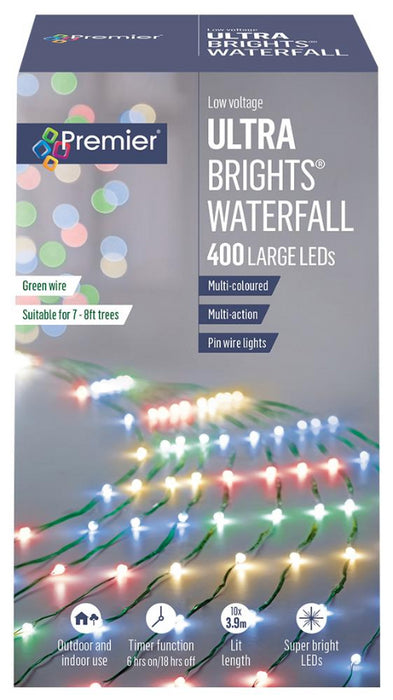 400 LED Multi-Coloured Waterfall Pin Wire Ultrabrights with Timer, 2.5m