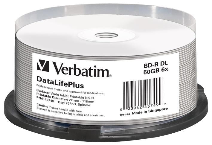 6x Speed BD-R DL Wide Inkjet Printable Blank Blu-ray Discs, 25 Pack Spindle
