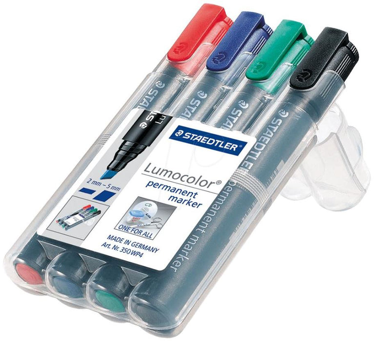 Chisel Tip Lumocolor Permanent Marker Pens - Pack of 4 Assorted Colours