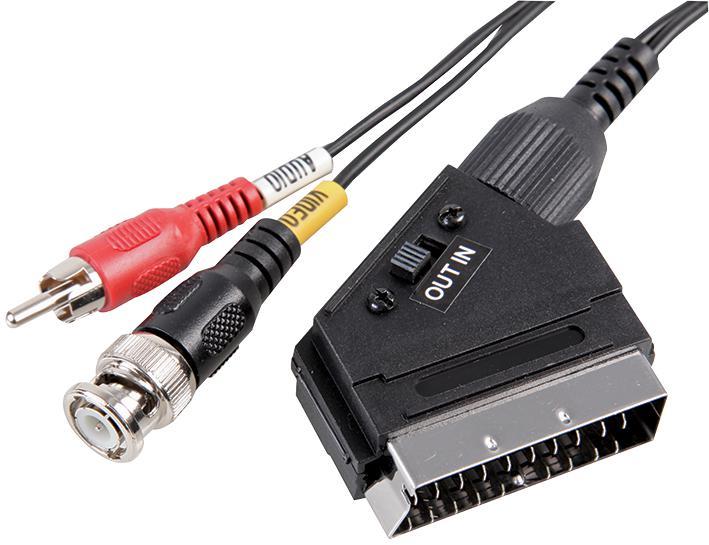 SCART Male to BNC + Phono (RCA) Male Lead, 1.5m Black