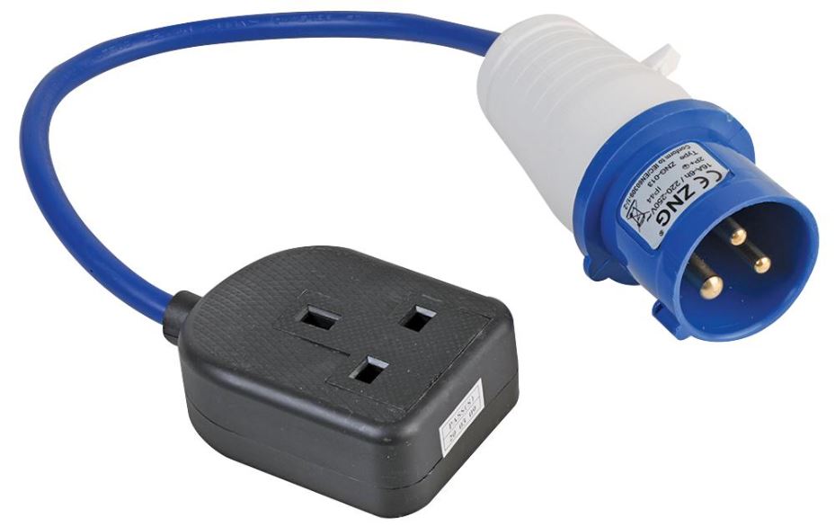 16A, 230V, UK 13A Mains Socket to CEE Plug Extension Lead, 2P+E, Blue, 350mm