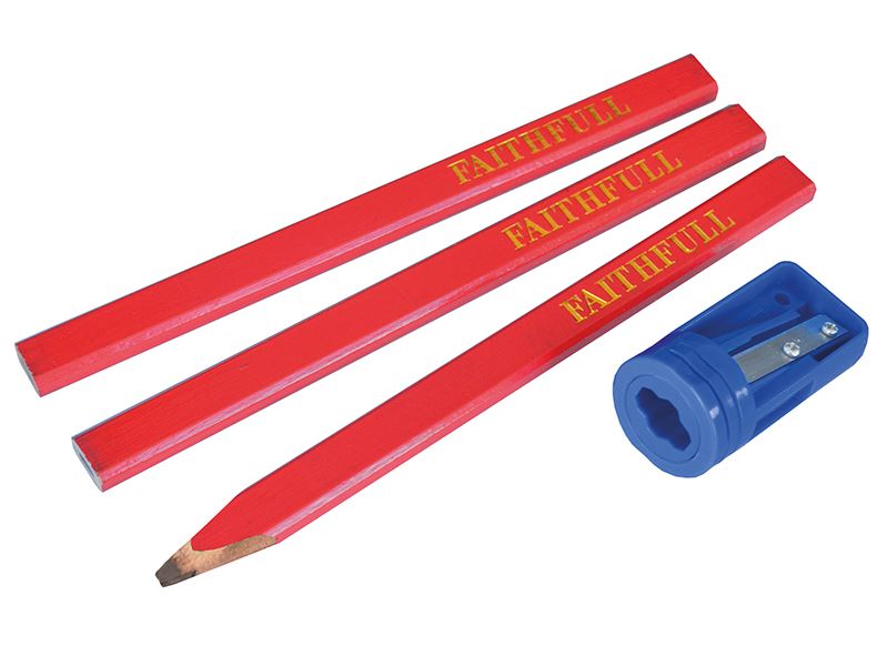 Carpenters' Pencils Red (Pack 3 + Sharpener)