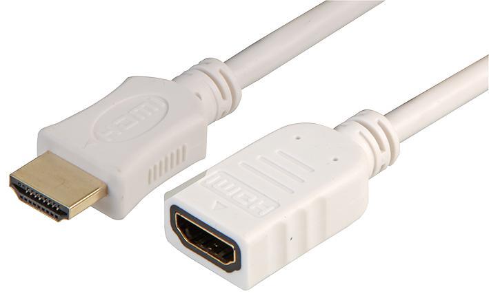 High Speed HDMI Lead, Male to Female, Gold Flashed Contacts, 2m White