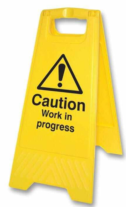 "Caution Work in Progress" Yellow Plastic A-Frame Floor Sign, 575mm