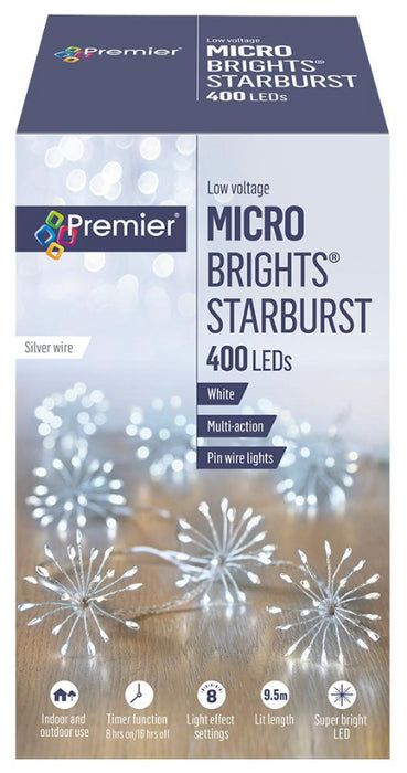 400 LED Micro Starburst Light with Silver Wire Multi Action