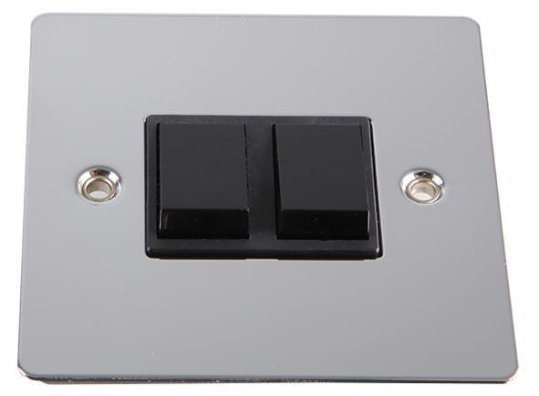 VOLEX 2 Gang 2 Way 10A Flat Plate Light Switch, Polished Steel / Black Insert