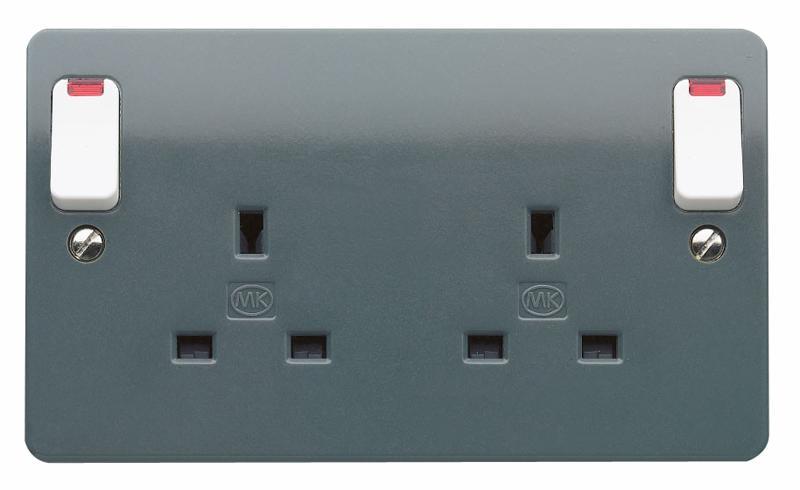 2 Gang 13A DP Switched Plug Socket, Grey with White Outboard Rockers