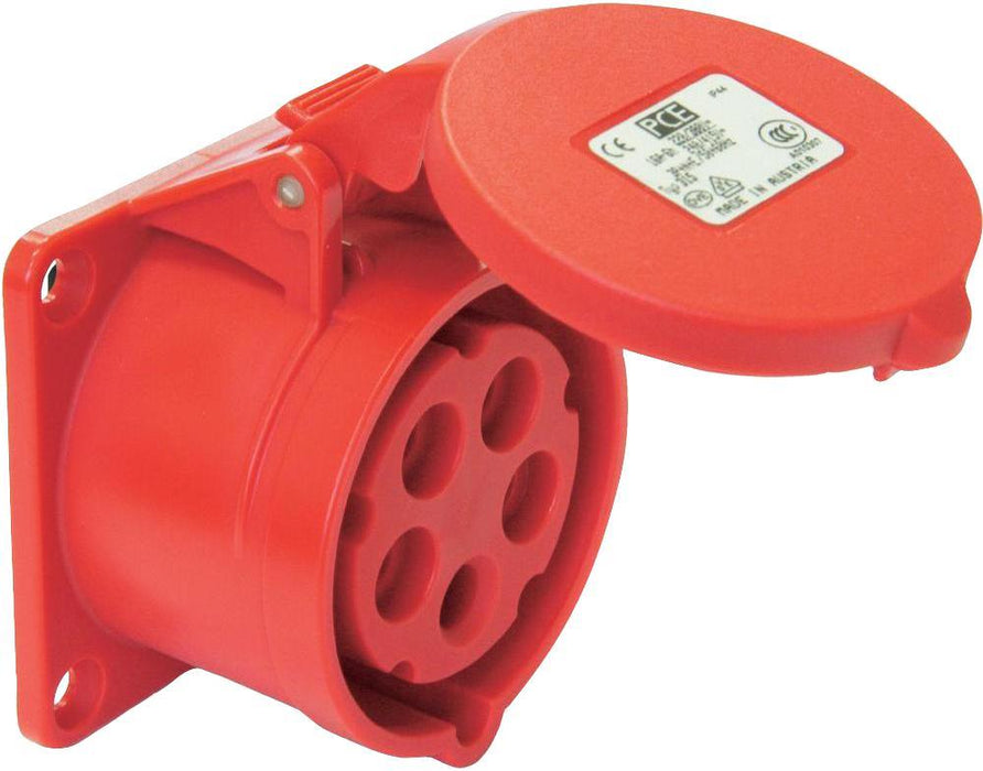 32A, 400V, Panel Mount CEE Socket, 3P+N+E, Red, IP44