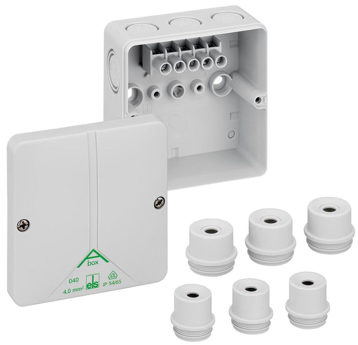 IP65 ABox Polystyrene 8 Entry Junction Box with Terminal Block and Fixing Lugs - 82x82x51mm