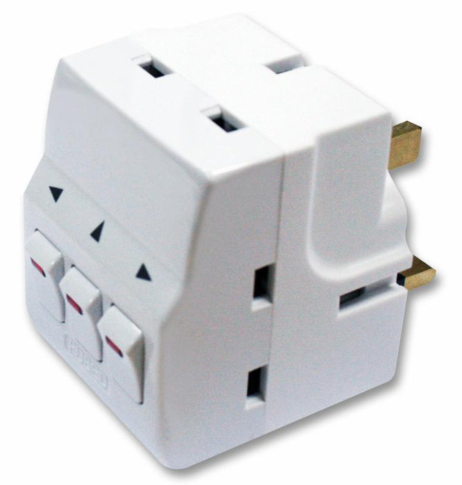 3 Way Individually Switched Mains Adaptor Cube Plug (3x Sockets to 1)