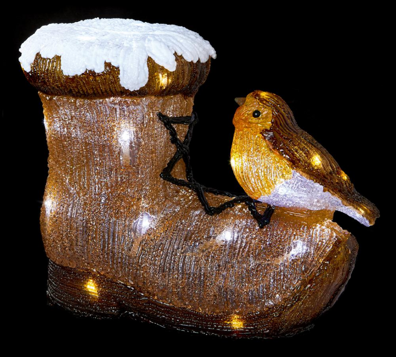 Premier - 25.5cm LED Acrylic Boot with Robin and Timer 30 White LEDs