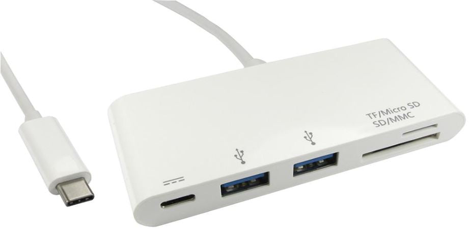 2 Port USB 3.0 Hub, USB-C to 2x USB-A, MMC, SD, MicroSD and USB-C Power Delivery, White