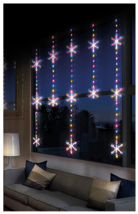 Premier - Rainbow Pin Wire LED 1.2m x 1.3m Twinkle Curtain, Snowflake Pattern