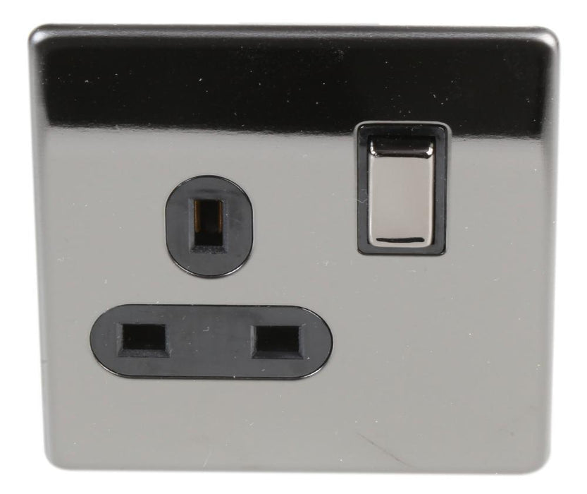 Screwless Switched Mains Socket, Double Pole, 13A, Black Nickel