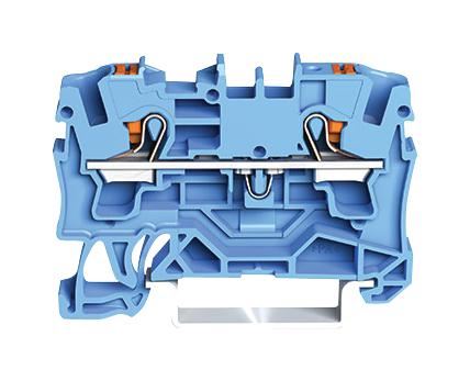2 Conductor Through Terminal Block with Push Button and Test Port, 800V, 32A, 20AWG to 10AWG, DIN Rail 35mm, Blue
