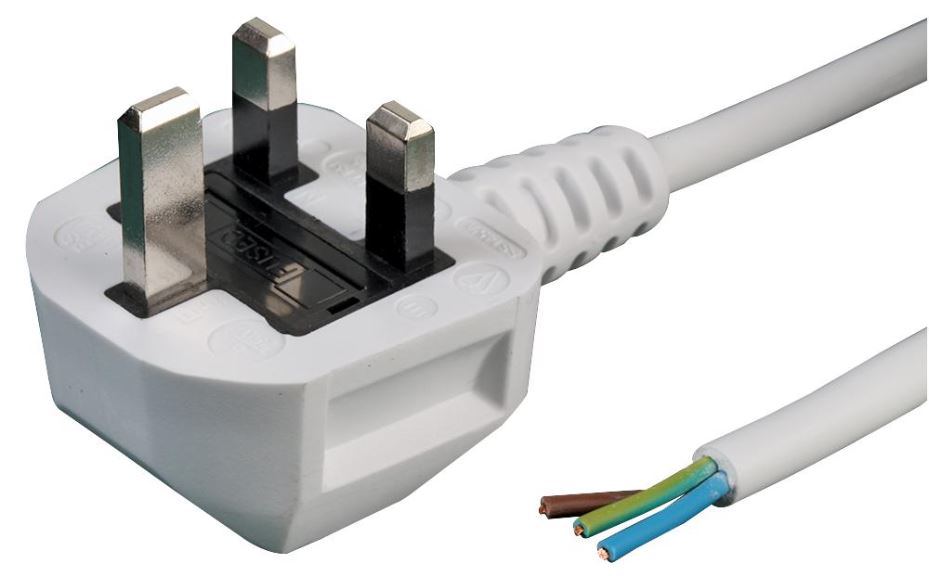 13A UK Plug to Bare Ends Mains Lead, 0.75mm, White, 1m