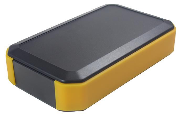 IP67 Black ABS Handheld Enclosure with Yellow Corners and 2x AA Battery Compartment - 146x88x33mm