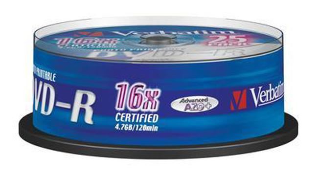 16x Speed DVD-R Wide Inkjet Printable Blank DVDs - 25 Pack Spindle