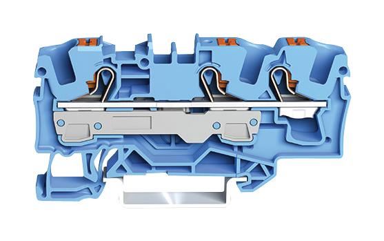 3 Conductor Through Terminal Block with Push Button and Test Port, 800V, 41A, 20AWG to 8AWG, Blue