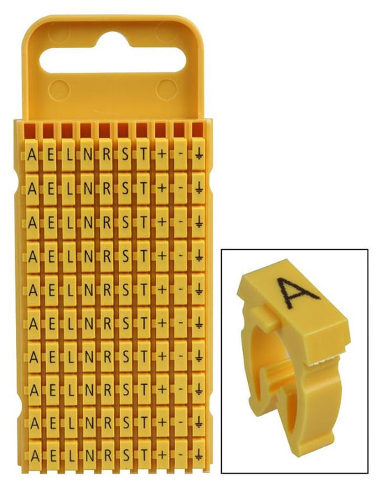 Clip-On Cable Marker Kit, Yellow for 4.3 - 5.3mm Cable (Box of 500), A, E, L, N, R, S, T + Earth Symbol