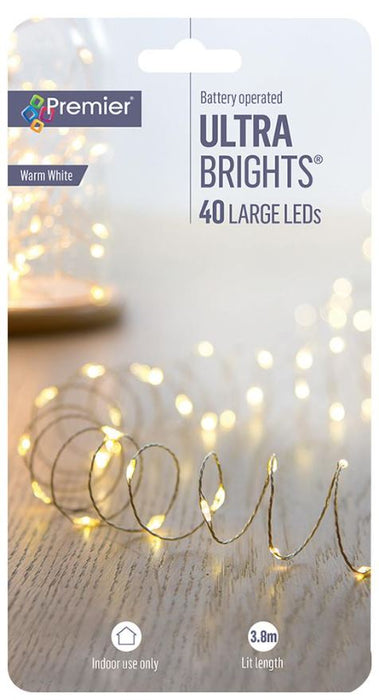 40 LED Warm White Indoor Ultrabrights, Battery Operated, 3.8m