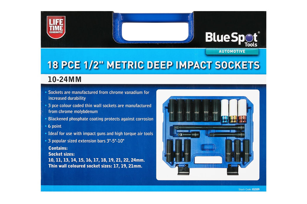 18 PCE 1/2" Metric Deep Impact Sockets (10-24mm)