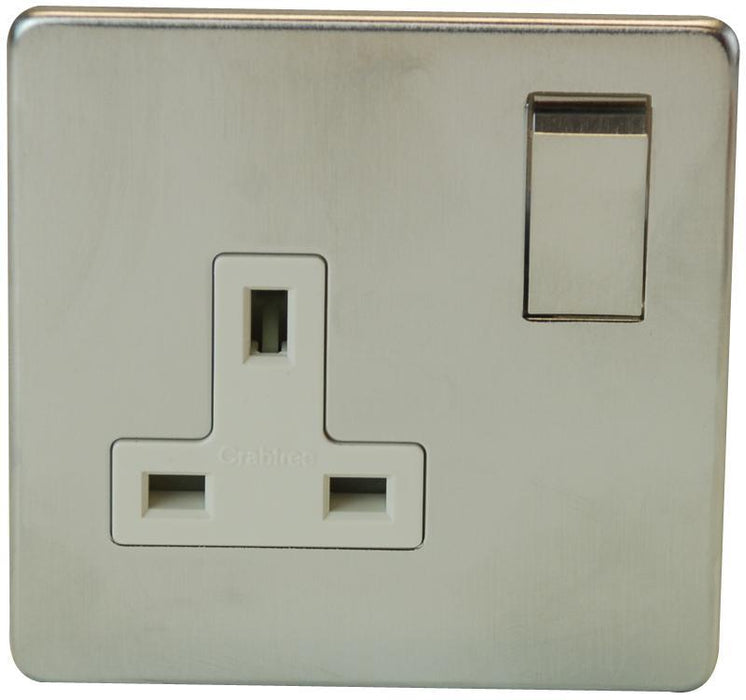 Satin Chrome 1 Gang 13A DP Switched Socket, Screwless Flat Plate