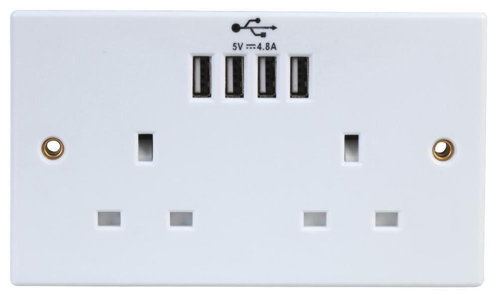 13A 2-Gang Unswitched Socket with 4x 2.4A USB Sockets