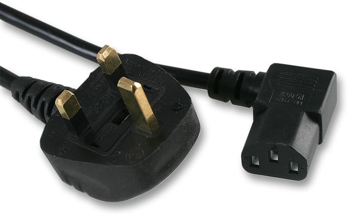 13A UK Plug to Right Angled IEC C13 Mains Lead, 2m Black