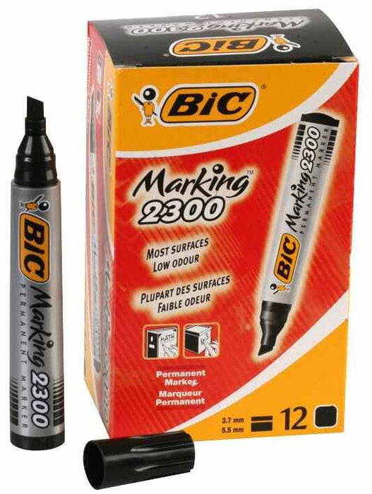 BIC - Chisel Tip Marking 2300 Permanent Marker Pens - Pack of 12 (Black)