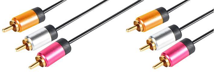 3x Phono Plug to Plug Lead with Aluminium Head Shells, Black, 2m