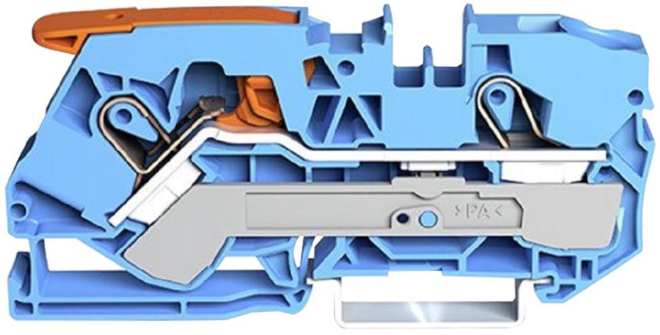 2 Conductor Through Terminal Block with Lever and Push-In Clamp and Test Port, 800V, 57A, 20AWG to 16AWG, DIN Rail 35mm, Blue