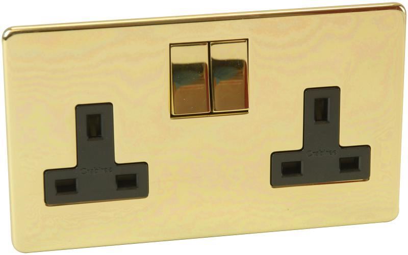 Polished Brass 2 Gang 13A DP Switched Socket, Screwless Flat Plate