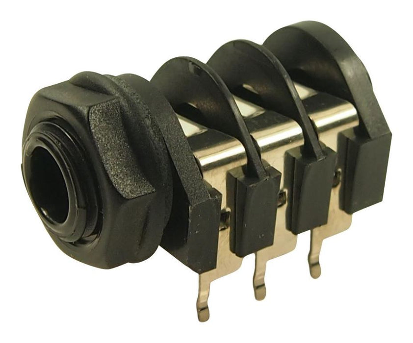 6.35mm (1/4") 3-Pole Switched Stereo Jack Socket Connector, Right Angled PCB Mounting