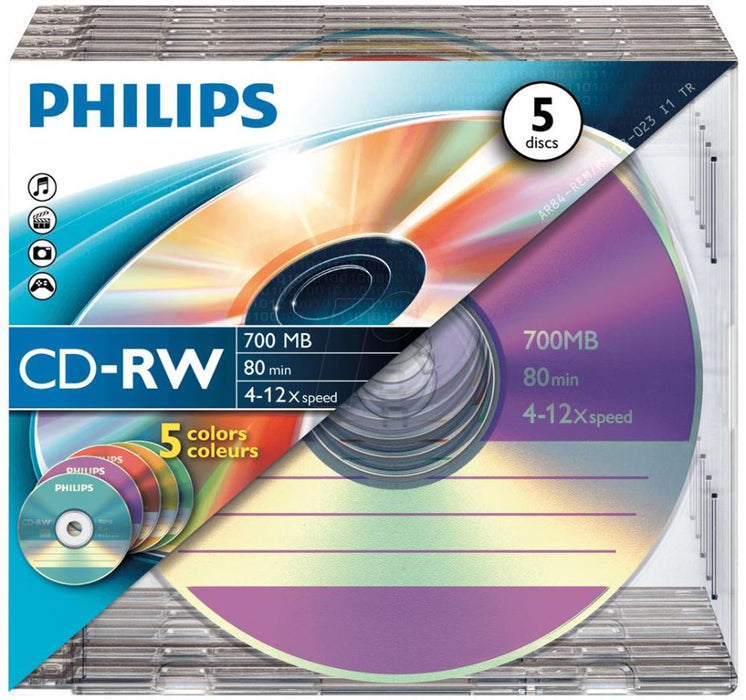 12x Speed CD-RW Blank CDs 5 Colour - Slim Case 5 Pack