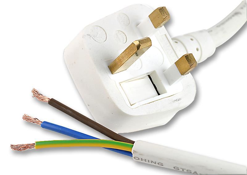 13A UK Plug to Bare Ends Mains Lead, 2m 5A White