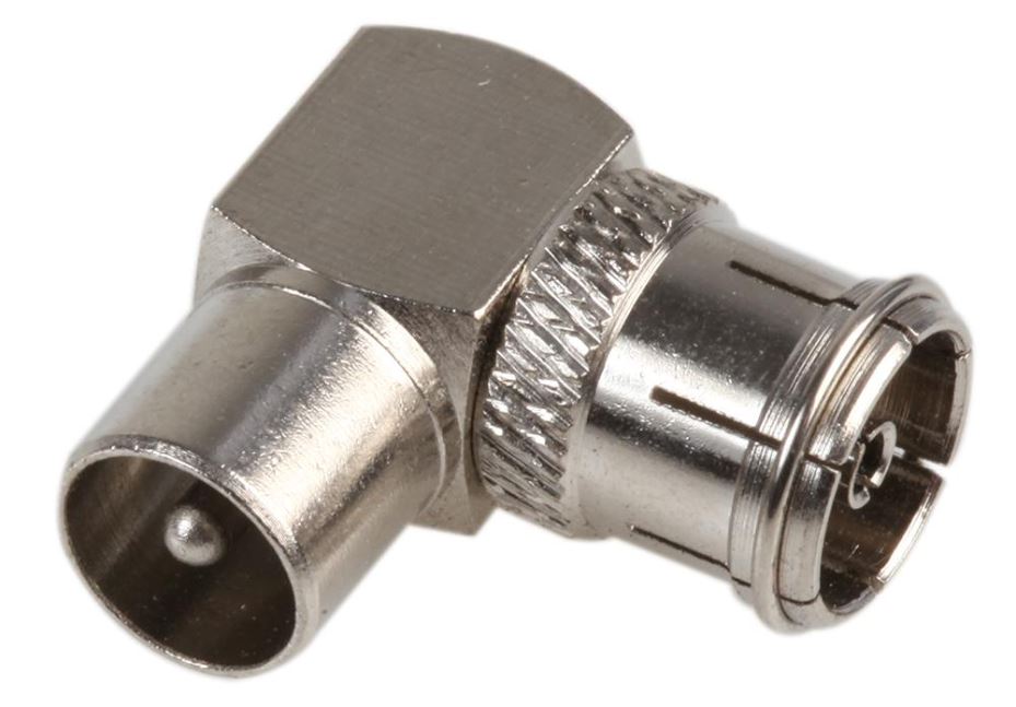 Coax Plug to Coax Socket Adaptor, Right Angle, 75 Ohm