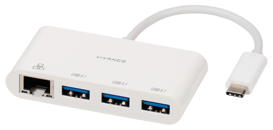 USB-C USB 3.1 Gen 1 Hub & NIC Network Adaptor, 3x USB-A