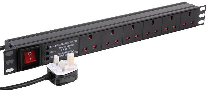 1U 6 Way 13A Mains Sockets to Plug Surge Protected Horizontal PDU