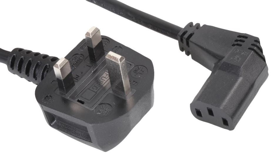 13A UK Mains Plug to 90 Degree IEC C13 Socket, 1m