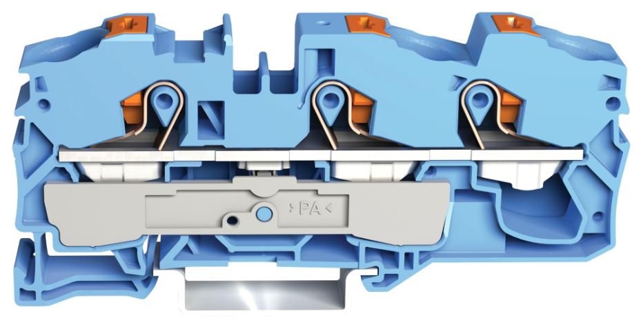 3 Conductor Through Terminal Block with Push Button and Test Port, 800V, 76A, 20AWG to 6AWG, Blue